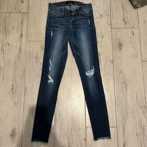 Womens flying monkey distressed skinny jeans, dark blue, size 27